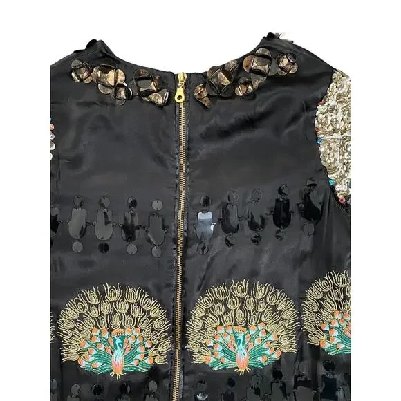 Manoush Black Beaded Sequin Peacock Shift Dress Size 4